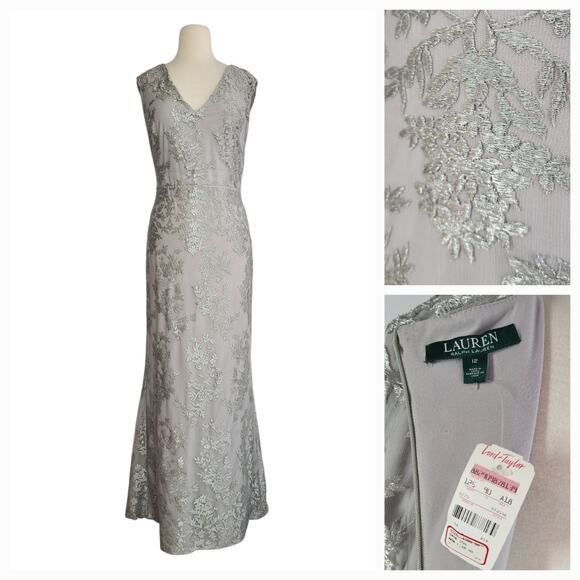 Lauren Ralph Lauren Evening Gown 12 Silver Gray Embroidered Mesh V-Neck Y2K NWT - Picture 1 of 16